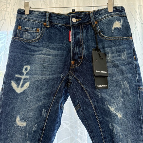 DSQUARED2 BLUE DISTRESSED ANCHOR DETAIL SLIM FIT TIDY BIKER JEANS - Picture 3 of 12